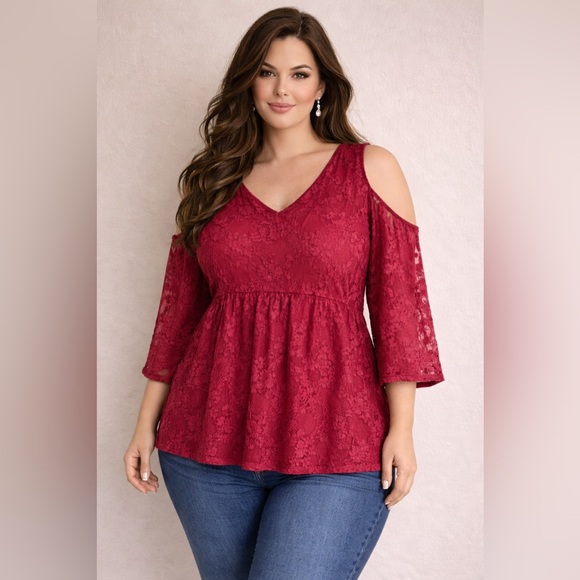 torrid Tops - Torrid Red Lace Cold Shoulder Blouse